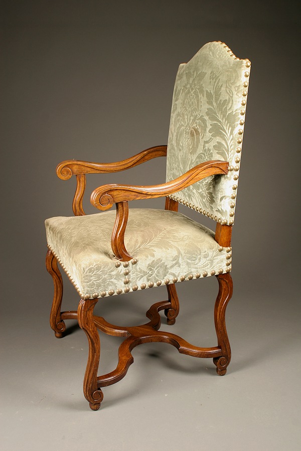 Set of antique French Louis XIII style dining chairs in oak, circa 1890.