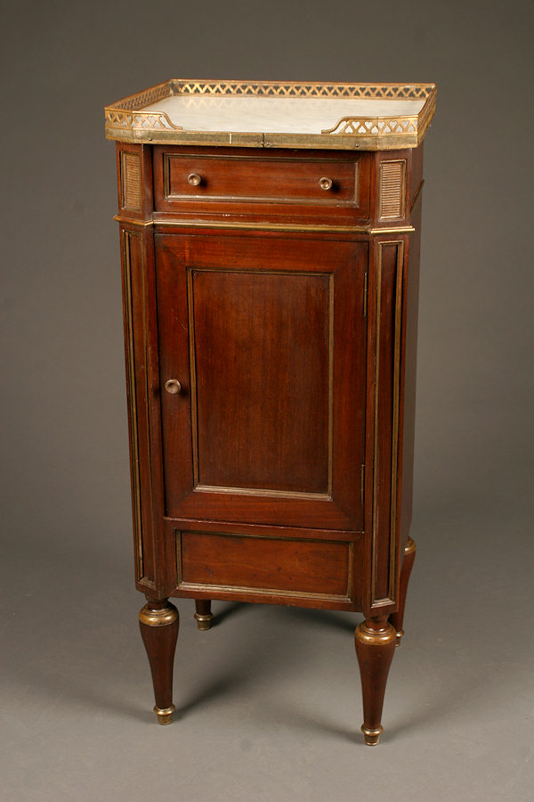 20th century antique French marble top night stand in mahogany.