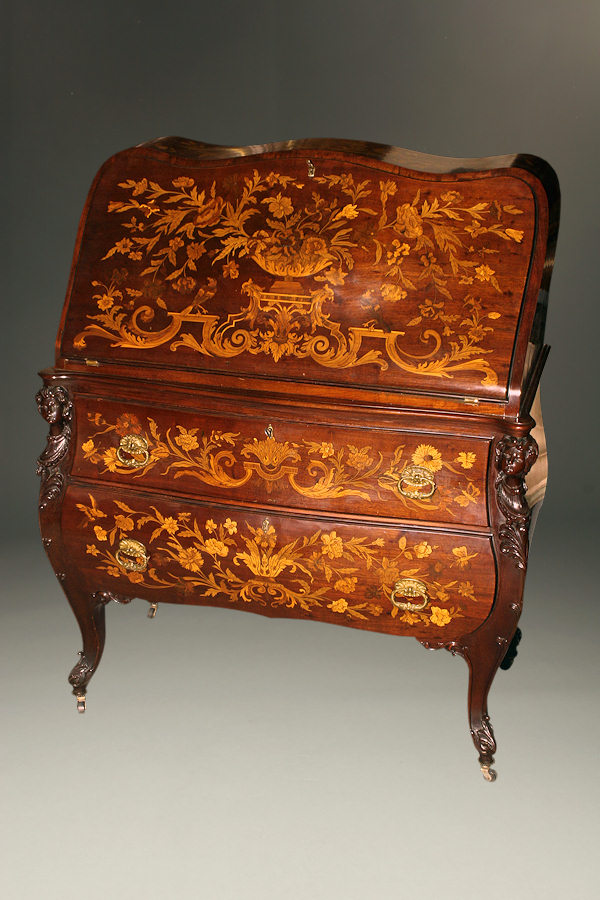 Inlaid bombe desk, circa 1910-20. Note the intricate inlay of the Dutch style bombe with multiple compound curves.