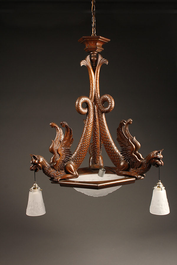 French Hand Carved Wood Antique Chandelier With Lalique Style Shades Home Lighting Chandeliers Wood French Hand Carved