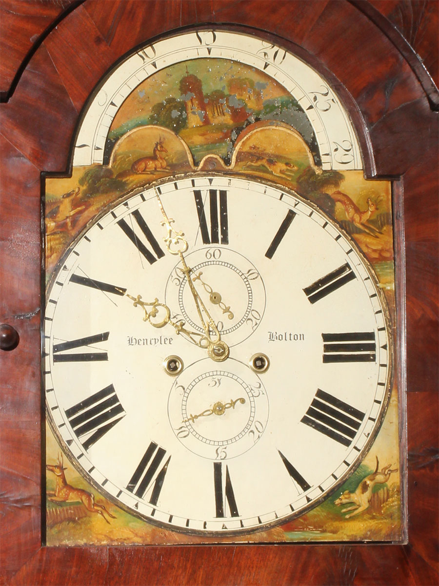 Antique English tall case clock with beautiful mahogany case and 8 day