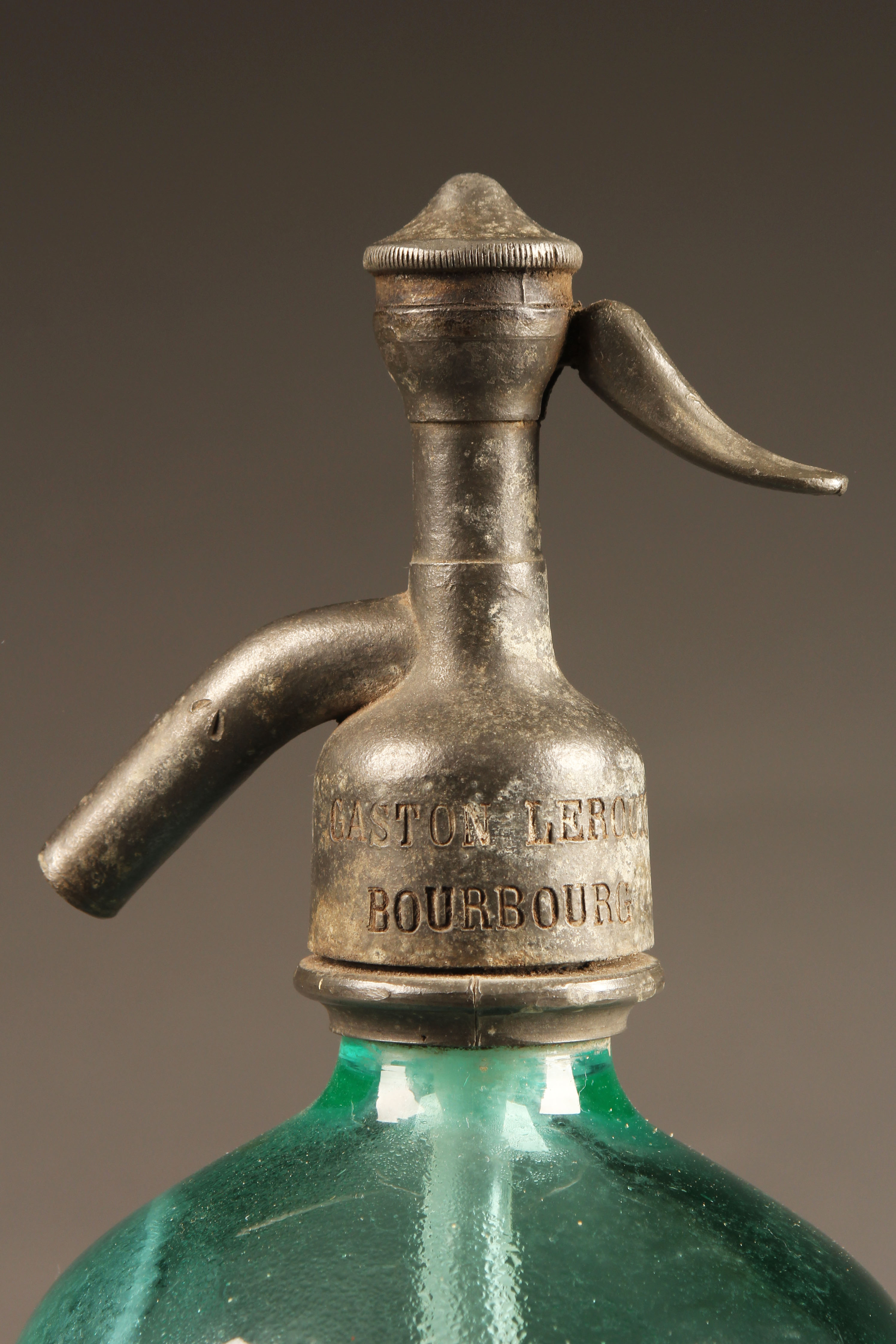 Antique French aqua colored seltzer water bottle.