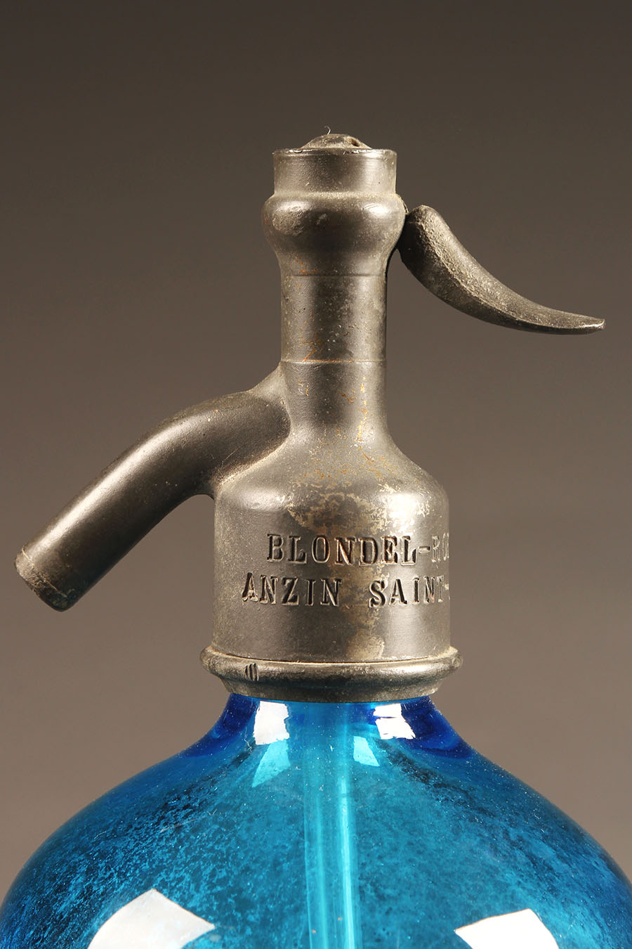 Antique french blue seltzer water bottle.