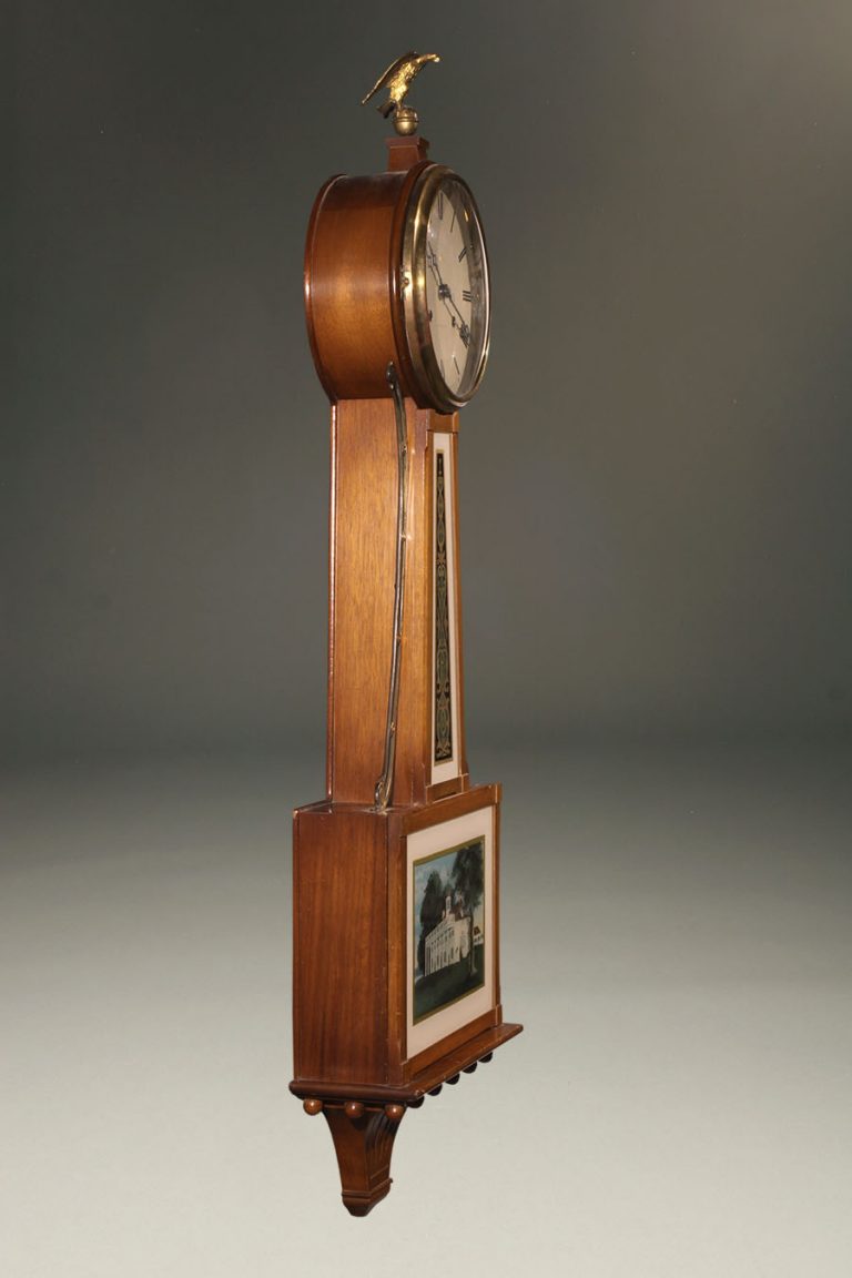 Antique New Haven banjo clock with reversed painted glass depicting Mt