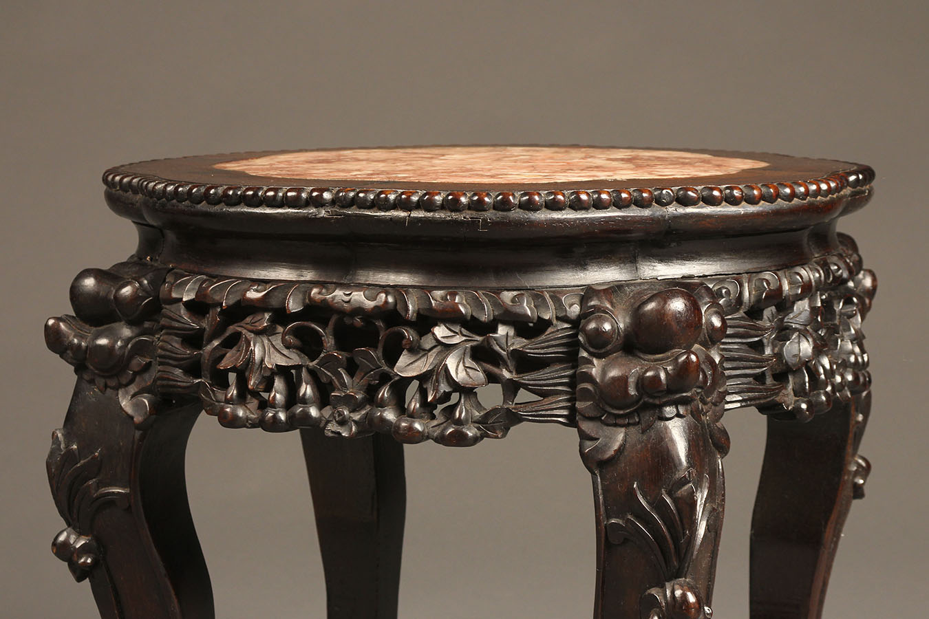 Antique Chinese Table With Hand Carvings In Teak And Marble Top A5755c