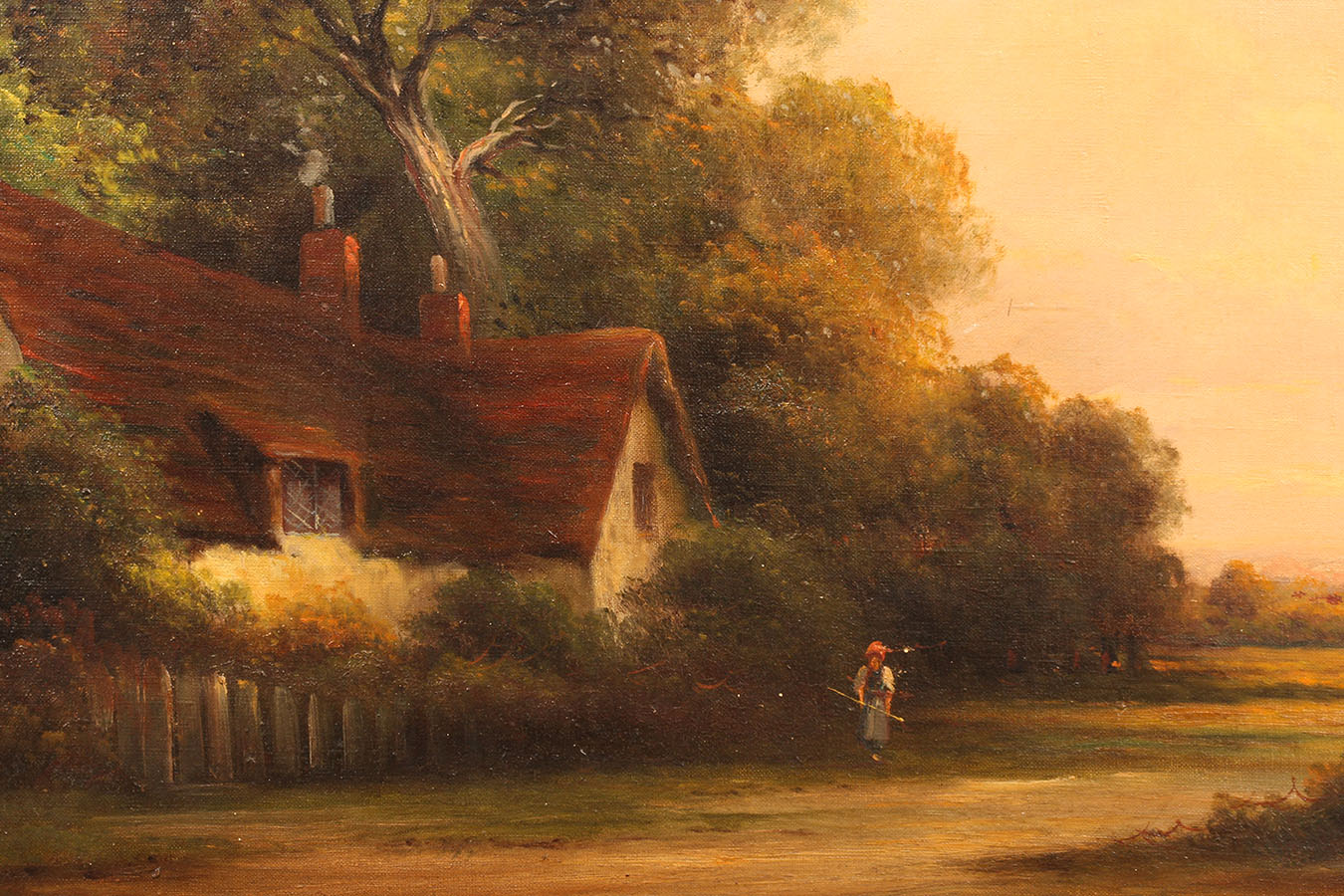 Antique oil on canvas painting depicting English countryside