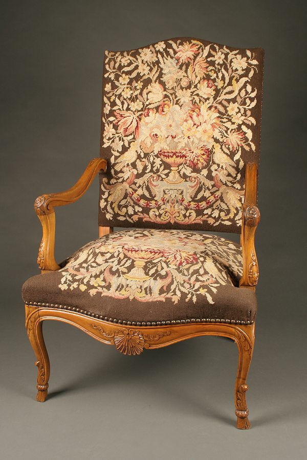 Louis XV style French arm chair with hoof foot in fruit wood.