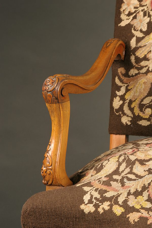 Louis XV style French arm chair with hoof foot in fruit wood.