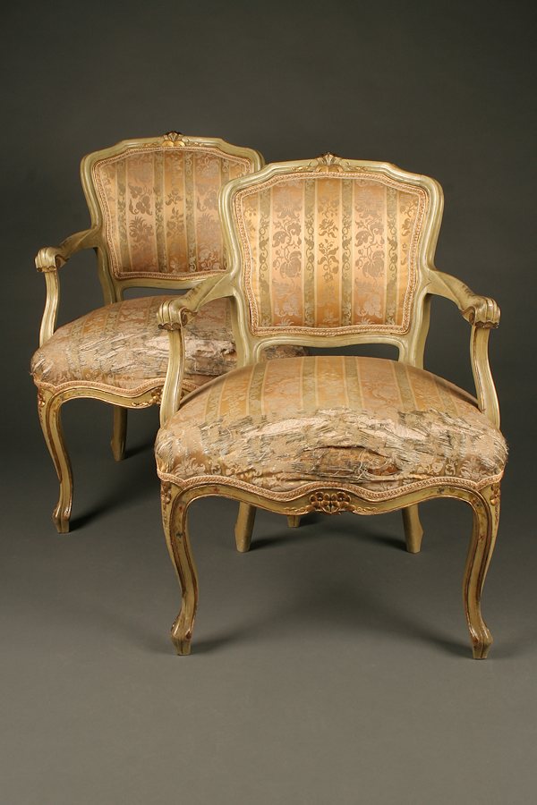 Pair of petite Louis XV style armchairs with polychrome finish.