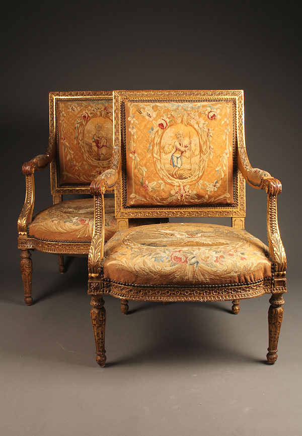 Pair of Louis XVI French Aubusson Tapestry Fruitwood Armchairs