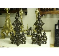 Pair of 19th century brass andirons in architectural style, circa 1870.