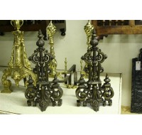 Pair of 19th century brass andirons in architectural style, circa 1870