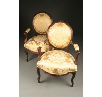 Pair of French Victorian style armchairs with silk upholstery