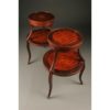 Pair of two tiered marquetry tables with decorative ormolu