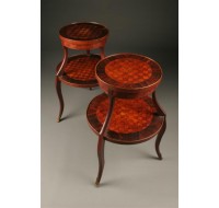 Pair of two tiered marquetry tables with decorative ormolu