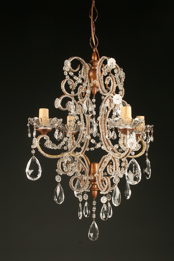 Antique 4 arm iron, wood and crystal Italian chandelier, circa 1880.