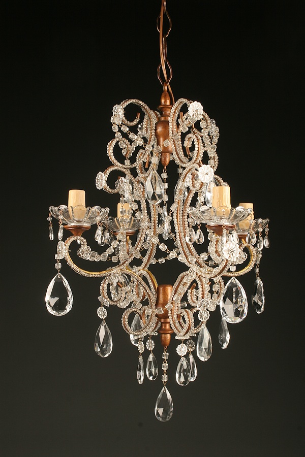 Antique 4 arm iron, wood and crystal Italian chandelier, circa 1880