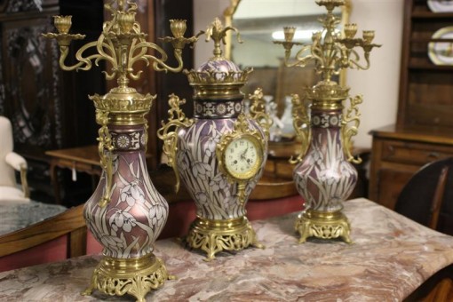 Art Nouveau French Porcelain garniture with dore bronze mounts