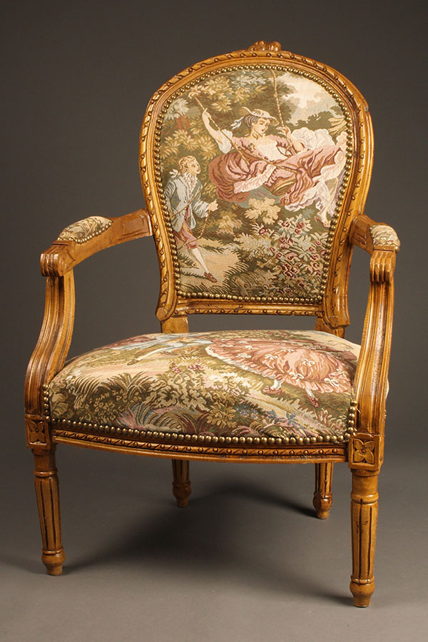 Custom French Louis XVI style arm chairs.