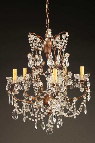5 arm wood, iron and crystal chandelier A5577A