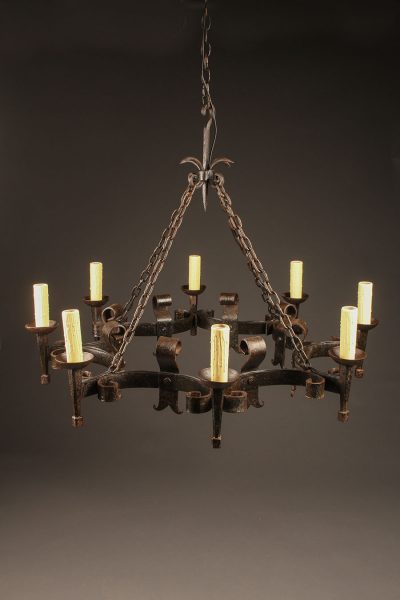 French iron chandelier with eight arms.