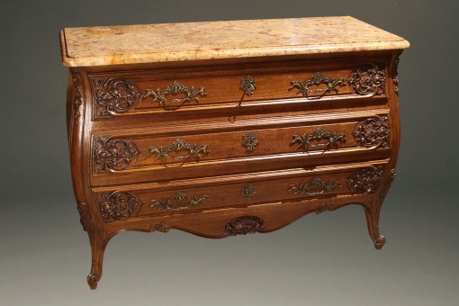19th century French Louis XV style oak commode with marble top and bronze hardware, circa 1880. A5596A