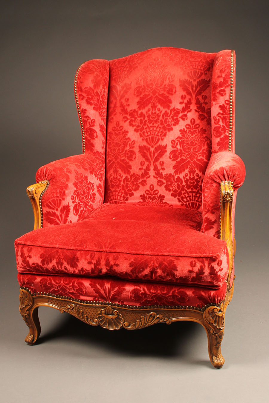 Antique French Louis XV Rococo Hand Carved Velvet Wingback Chair