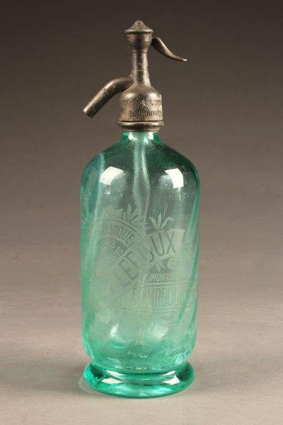 Aqua colored seltzer water bottle from France dated 1913