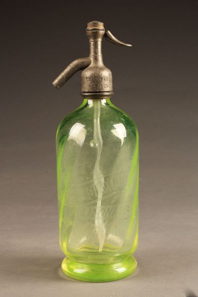 Green seltzer water bottle with etched design from France, circa 1920's.