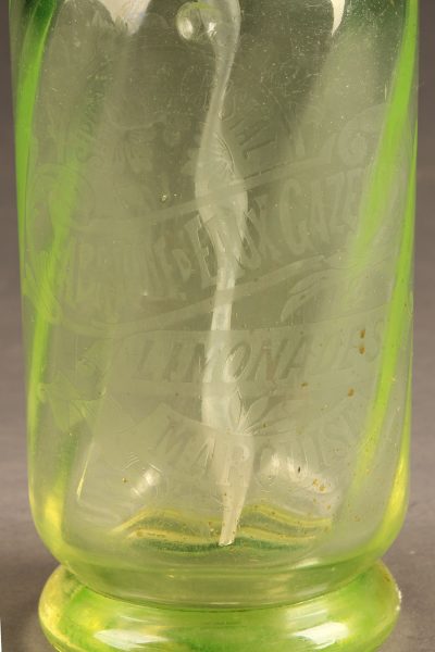 Green seltzer water bottle with etched design from France, circa 1920's.