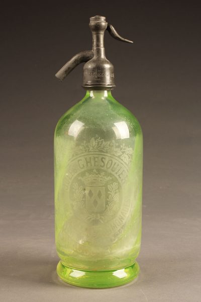 Beautifully etched light green seltzer water bottle circa 1930's.