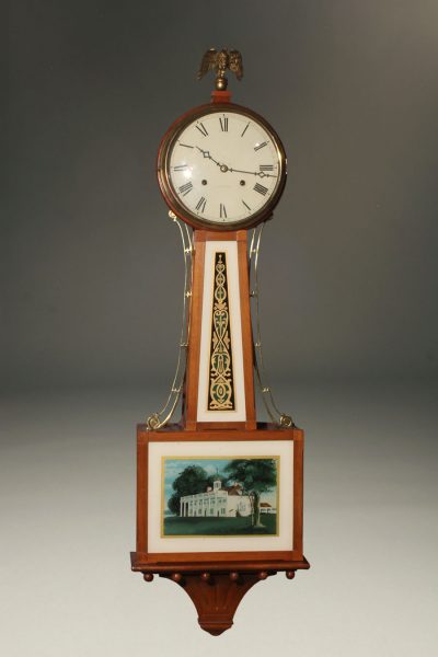 New Haven Clock Company banjo clock with reversed painted glass depicting Mt. Vernon