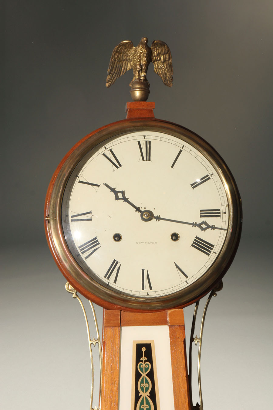 Antique New Haven banjo clock with reversed painted glass depicting Mt