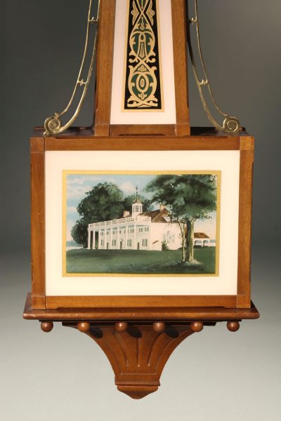 New Haven Clock Company banjo clock with reversed painted glass depicting Mt. Vernon