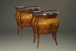 Late 19th century pair of Italian bombe commodes in burl walnut with marble tops