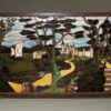 Late 19th century stained leaded glass panel depicting a castle, sailboat and path through trees, circa 1890