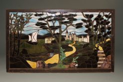 Late 19th century stained leaded glass panel depicting a castle, sailboat and path through trees, circa 1890