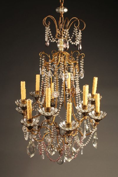 Late 18th century French 12 arm iron and crystal chandelier, circa 1790.