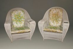 Wonderful pair of wicker armchairs with six legs. These chairs came from the Grand Hotel on Mackinac Island, circa 1900.