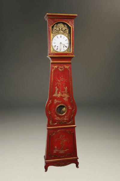Mid 19th century French Comtoise tall case clock with an 8 day movement and chinoiserie accented finish, circa 1860.