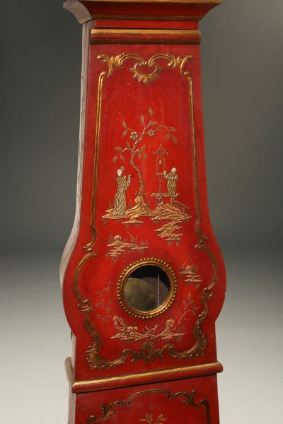 Mid 19th century French Comtoise tall case clock with an 8 day movement and chinoiserie accented finish, circa 1860.