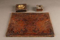 Very nice late 19th century hand tooled leather desk set, circa 1890.