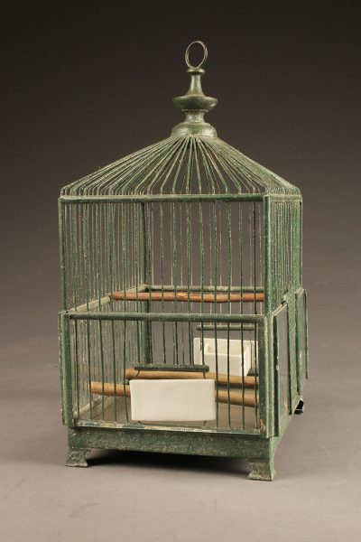 Late 19th century French green wire finch cage with milk glass feeder and bowl