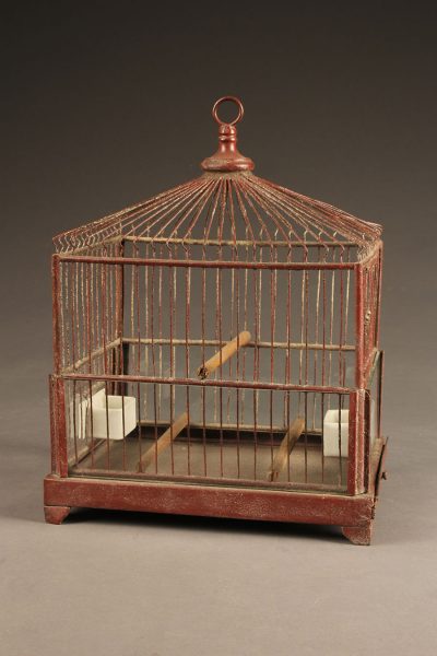 Very nice French finch cage with red painted frame and milk glass water and feeding bowls