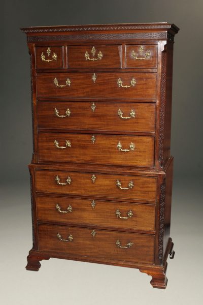 Very nice period Chippendale style mahogany English chest on chest with pull out writing surface, circa 1770.