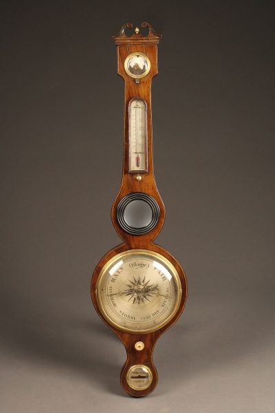 Late 19th century English barometer (nonworking), hydrometer and thermometer in a walnut case, circa 1870.