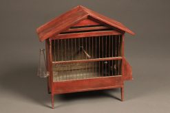 Late 19th century French finch cage with red paint and hand blown glass water bottle
