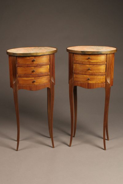 Pair of French night stands with marble tops and three drawers