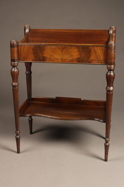 Mahogany English chair side book stand with lower self