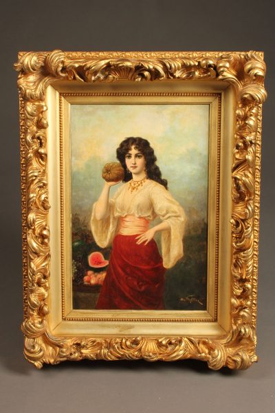 Oil on board painting of a beautiful gypsy girl in a Rococo style gilt frame,